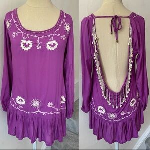 Skemo Fuschia Open Back Shell Bead Floral Embroidered Mini Hippie Dress NWT XS